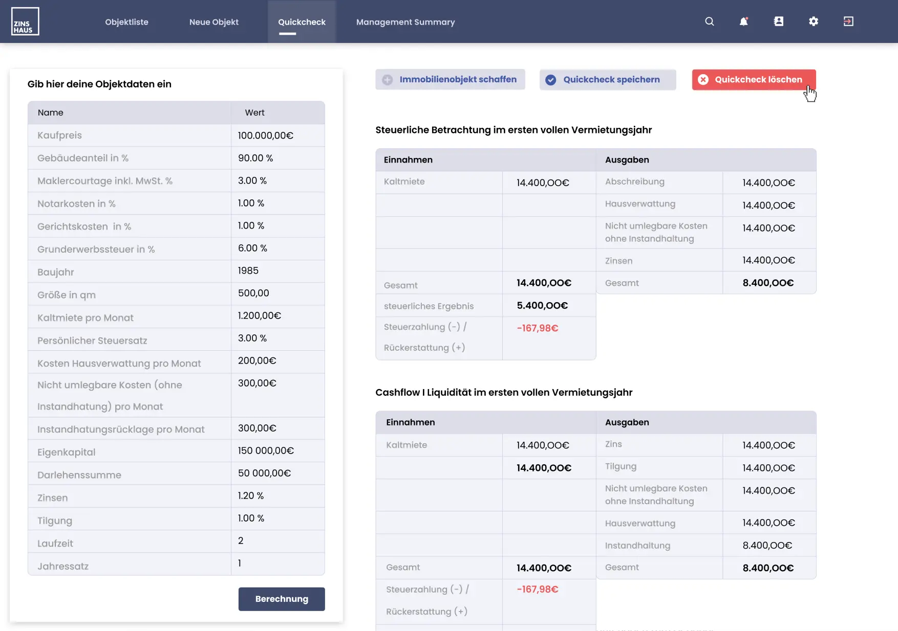 Zinshaus Quickcheck